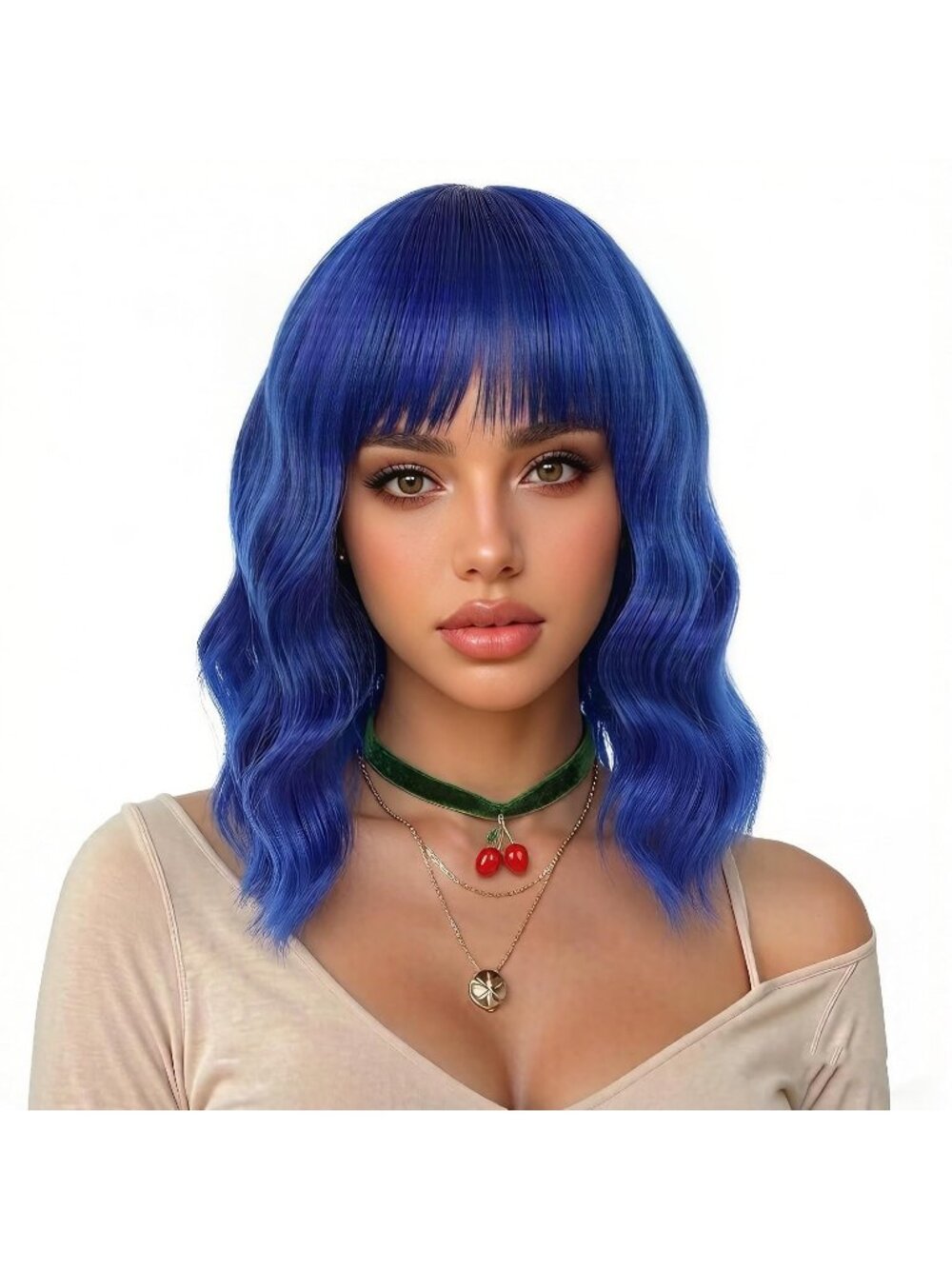 Women's Dark Blue Classic 14 Inch Natural Synthetic Short Wavy Curly Bob Wigs